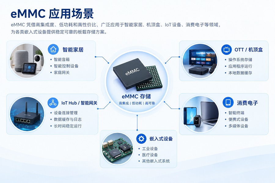eMMC应用场景示意图,展示智能家居、OTT机顶盒、IoT智能网关、消费电子和嵌入式设备中的应用