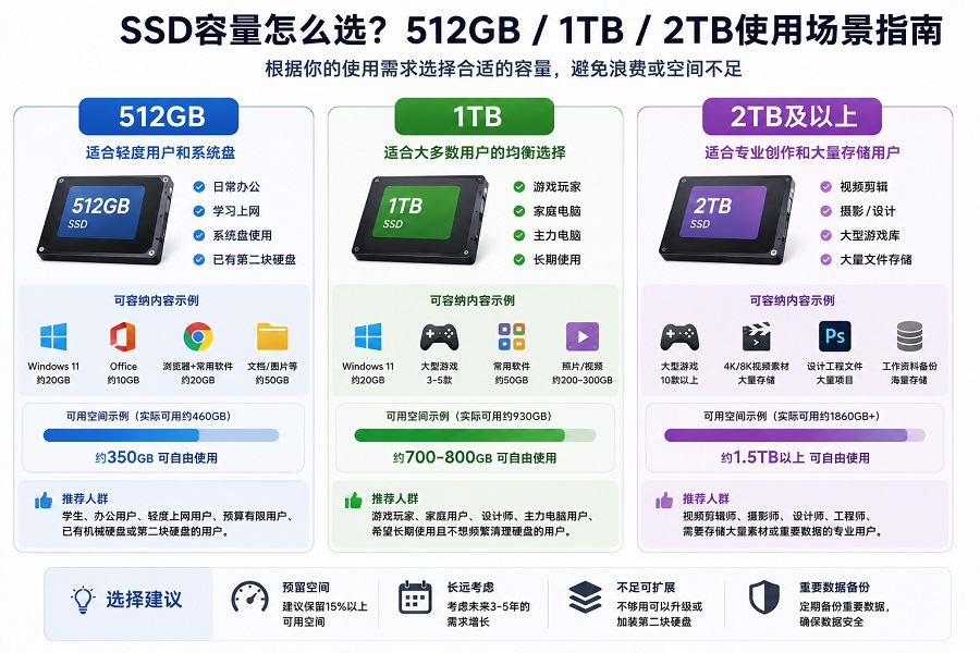 512GB、1TB和2TB SSD不同使用场景容量选择示意图