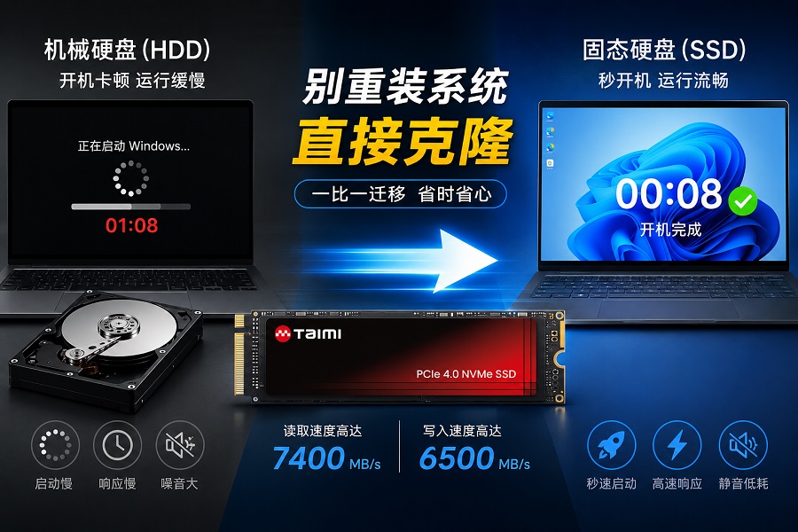 电脑机械硬盘升级Taimi PCIe 4.0 NVMe SSD示意图,支持Win10/Win11系统克隆迁移