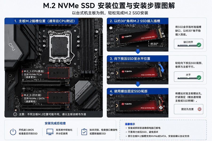 M.2 NVMe SSD主板安装位置与安装步骤示意图,包括M.2插槽、30度插入角度和螺丝固定方式