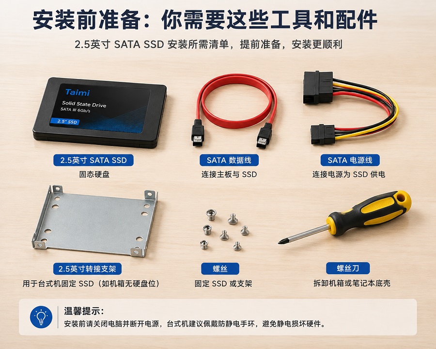 2.5英寸SATA SSD安装所需工具和配件