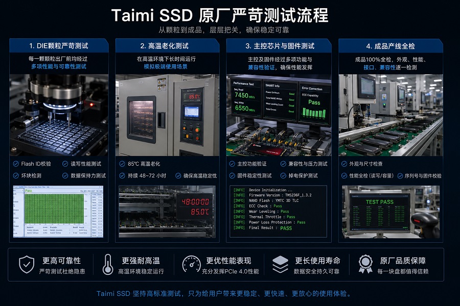 Taimi SSD 原厂测试流程图,展示 DIE颗粒测试、高温老化测试、主控固件验证与工厂产线全检流程