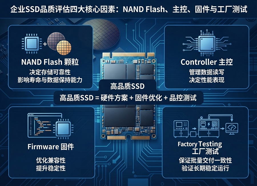 企业SSD品质评估四大因素示意图,展示NAND Flash、Controller主控、Firmware固件和工厂测试对SSD稳定性的影响