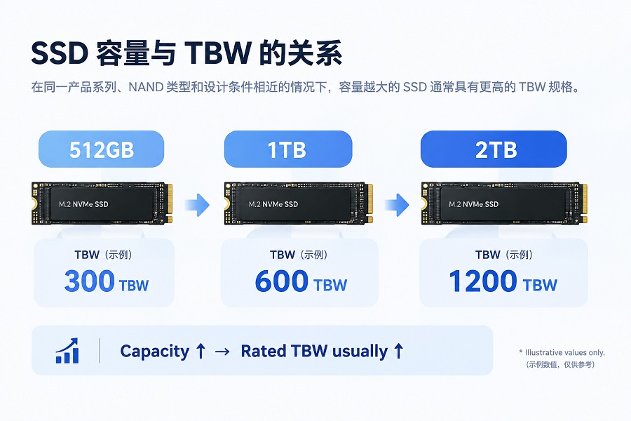 512GB 1TB 2TB SSD容量与TBW对比
