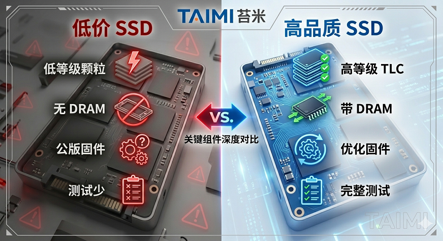 高端SSD与低端SSD在闪存颗粒、DRAM缓存、固件优化及测试标准方面的差异对比图