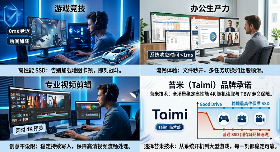 固态硬盘在游戏、办公与视频剪辑中的应用场景示意图