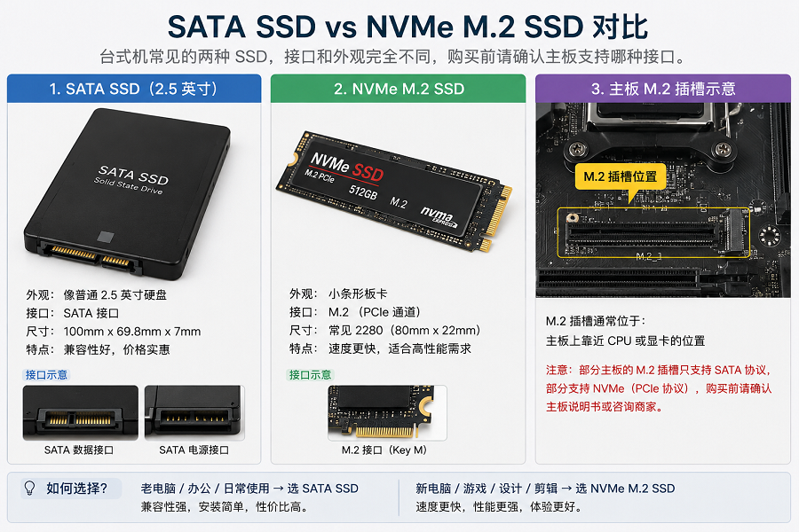 SATA SSD与NVMe M.2 SSD外观对比及主板M.2插槽示意图