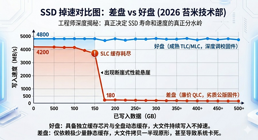 SSD SLC缓存耗尽后写入速度下降对比曲线图