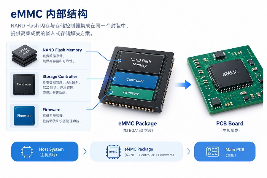 eMMC内部结构及工作原理示意图,展示NAND Flash、存储控制器和固件的集成方式