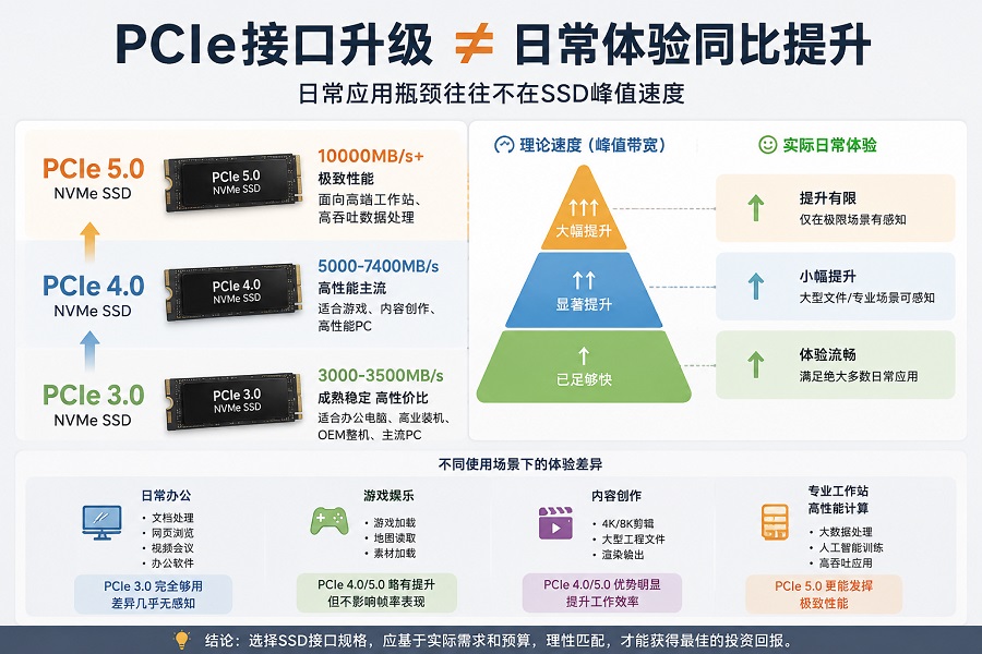 PCIe 3.0、PCIe 4.0与PCIe 5.0 NVMe SSD速度与实际体验对比图,展示接口升级对日常应用性能提升的差异