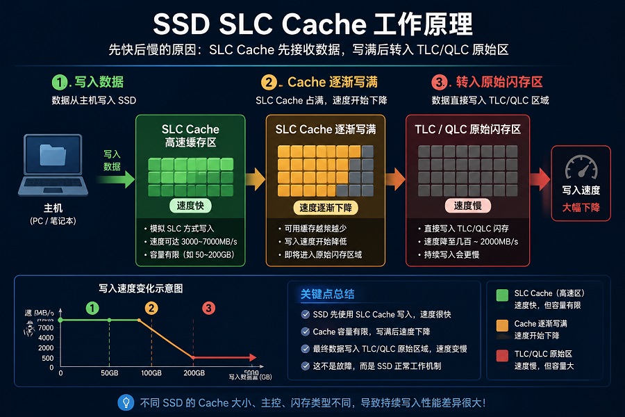 SSD SLC缓存写入流程与掉速原理示意图