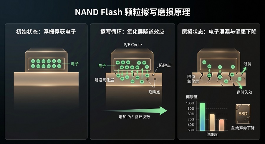 NAND Flash颗粒擦写磨损原理图:P/E循环与SSD健康度寿命下降关系