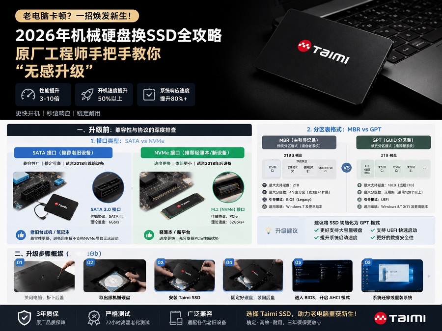 旧电脑硬盘接口兼容性示意图,SATA与NVMe对比,MBR与GPT分区示意