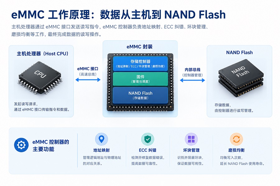eMMC工作原理示意图,展示主机处理器通过eMMC接口与存储控制器、NAND Flash之间的数据传输及控制过程