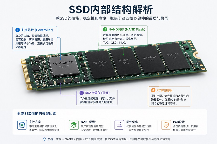 SSD内部结构解析图:主控、NAND闪存与PCB组成说明