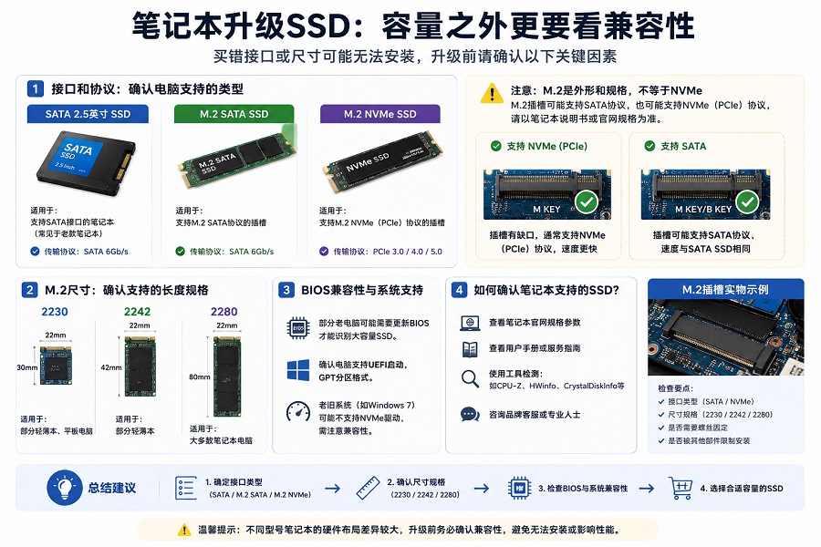 笔记本SSD升级中M.2尺寸和SATA与NVMe兼容性示意图