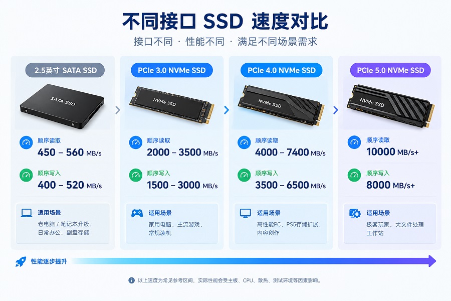 不同接口SSD读写速度对比:SATA与PCIe 3.0/4.0/5.0 NVMe SSD性能参考
