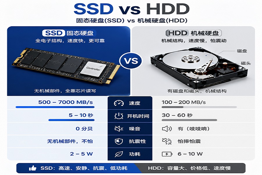 SSD与HDD对比图,展示结构、速度、开机时间、噪音、抗震和功耗差异,突出SSD性能优势