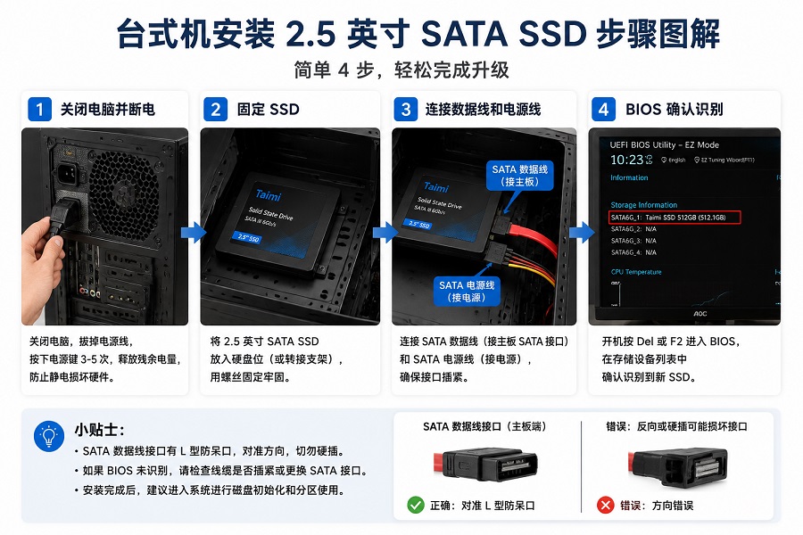 台式机安装2.5英寸SATA SSD连接主板和电源步骤