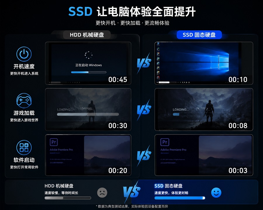 SSD提升电脑开机速度与游戏加载体验对比示意图