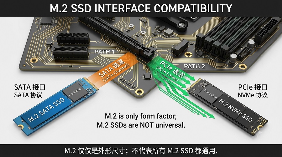 M.2 SSD接口SATA和NVMe协议兼容关系示意图
