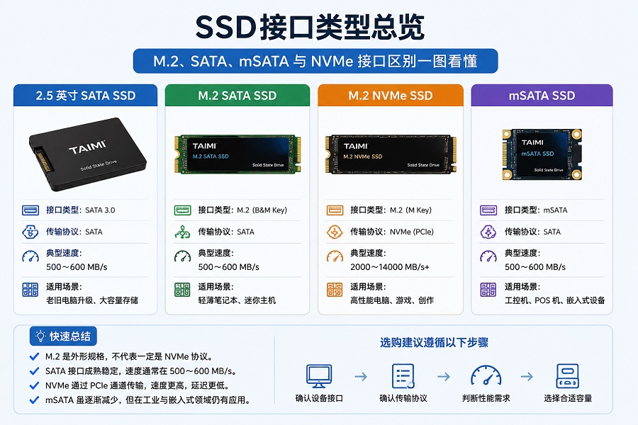 SSD接口类型对比图展示M.2 SATA NVMe和mSATA固态硬盘区别