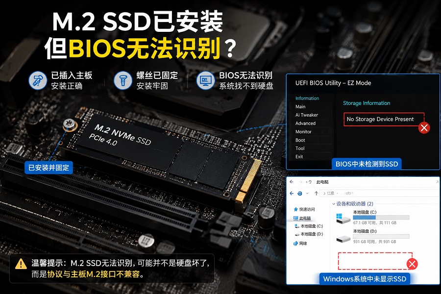 M.2固态硬盘安装后BIOS无法识别