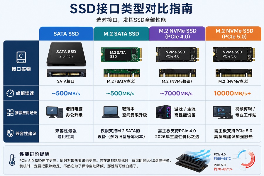 SSD接口对比图,SATA、M.2 SATA、NVMe PCIe 4.0和PCIe 5.0固态硬盘性能与应用场景