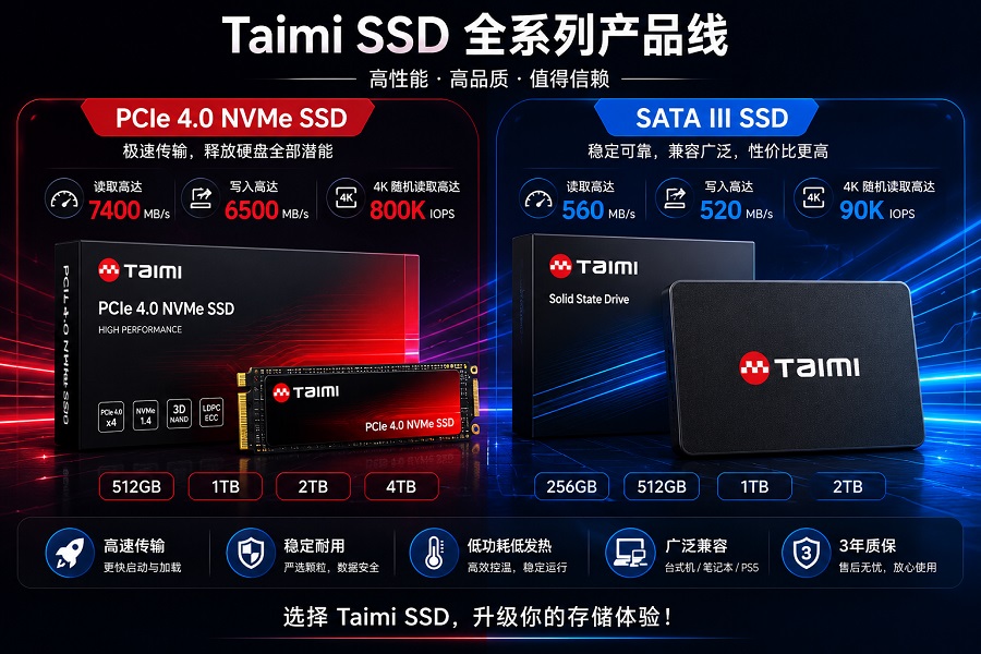Taimi SSD 全系列产品线展示图,包括 PCIe 4.0 NVMe SSD 与 2.5英寸 SATA SSD,展示读写速度、容量与产品包装
