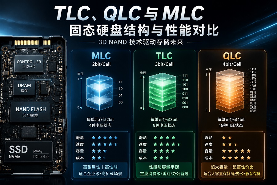 TLC、QLC与MLC固态硬盘结构与性能对比示意图