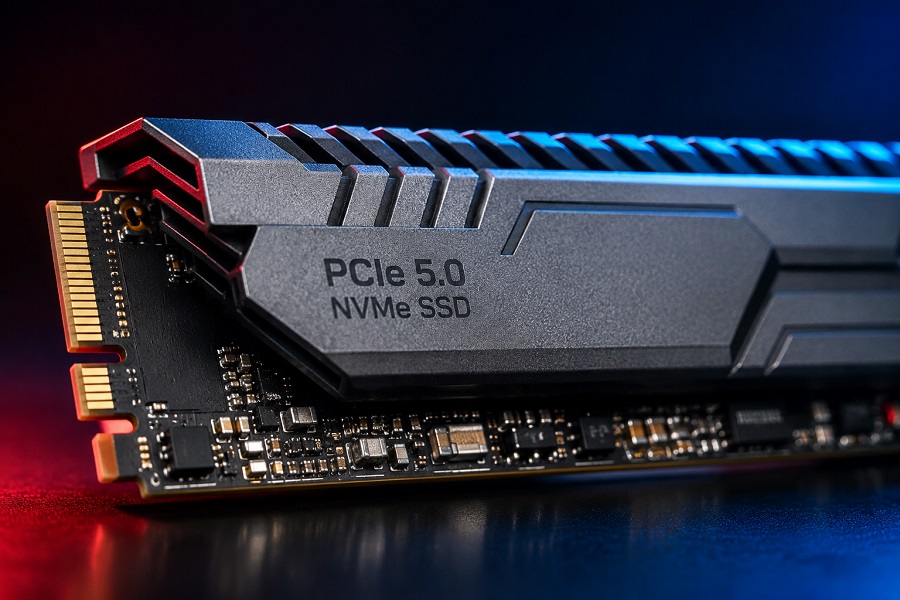 PCIe 5.0 SSD 高速 PCB 信号走线与散热装甲设计特写