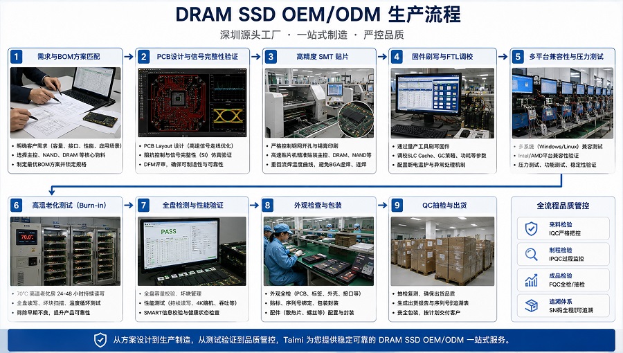 深圳SSD厂家DRAM SSD OEM ODM生产流程,从SMT贴片到固件测试和老化测试