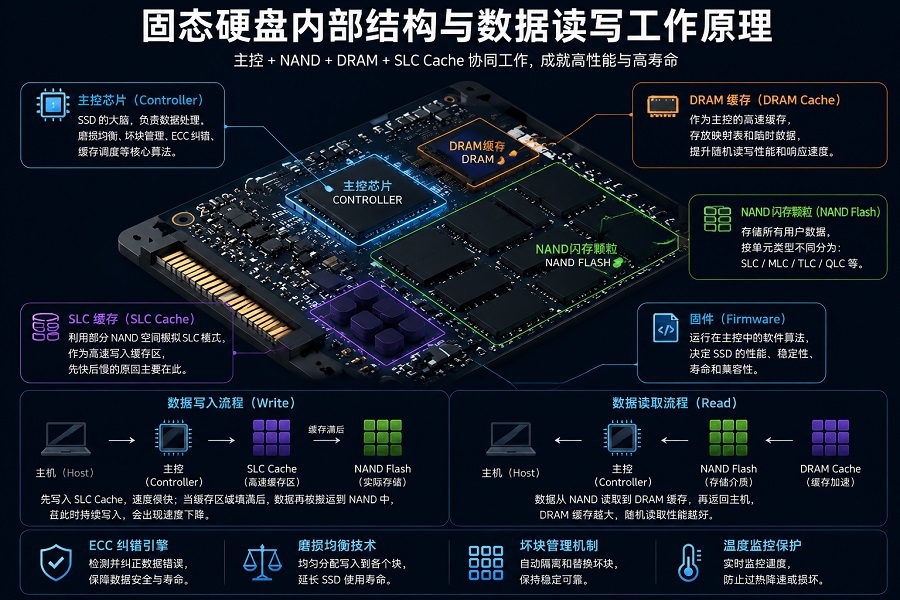固态硬盘内部结构与数据读写工作原理示意图