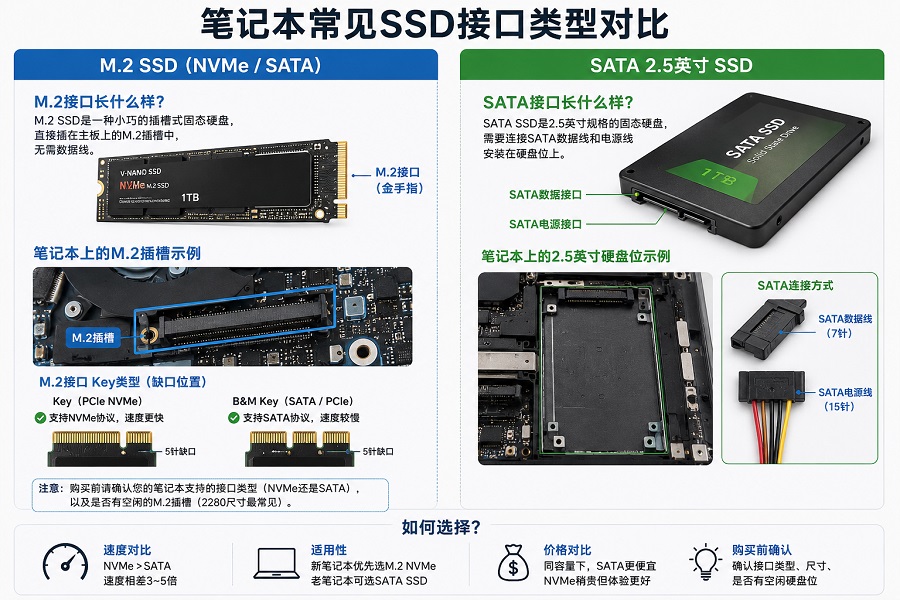 笔记本M.2 SSD接口和SATA 2.5寸固态硬盘对比示意图