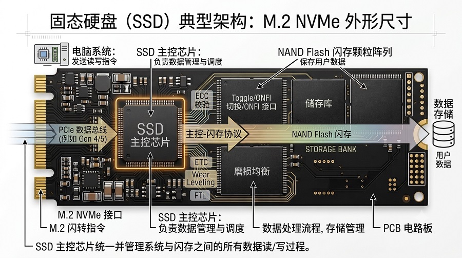 SSD主控芯片连接电脑系统与NAND Flash闪存的数据读写流程示意图